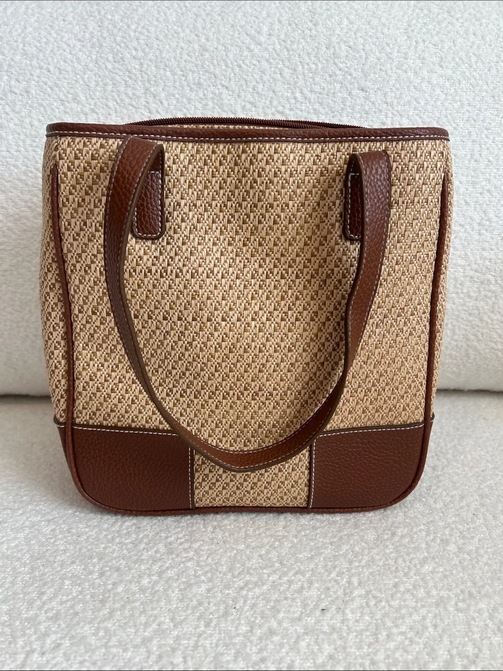Jaclyn Smith Woven Straw Shoulder Bag with Brown Leather Trim